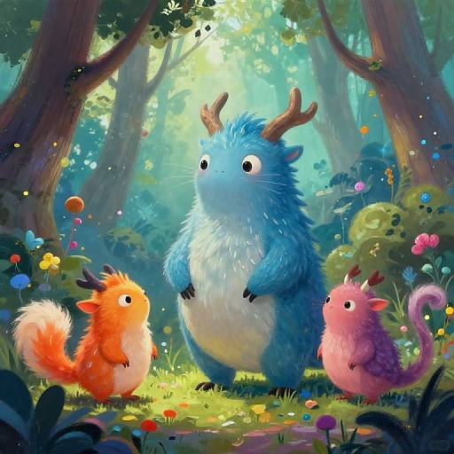 Whimsical digital illustration of three fluffy, antlered forest creatures: blue, orange, and pink, standing in a sunlit, colorful me