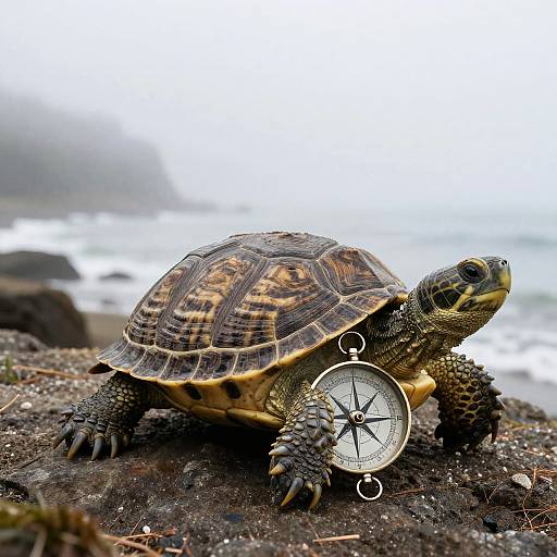 Turtle Compass on Foggy Coastline