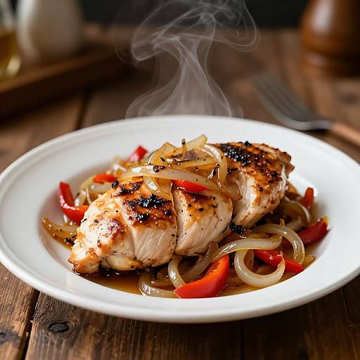 Photograph of grilled chicken breasts with red bell peppers, onions, and noodles on a white plate, steaming on a wooden table.