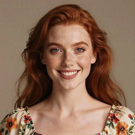 Photograph of a smiling young woman with fair skin, red wavy hair, freckles, and blue eyes, wearing a floral-patterned dress