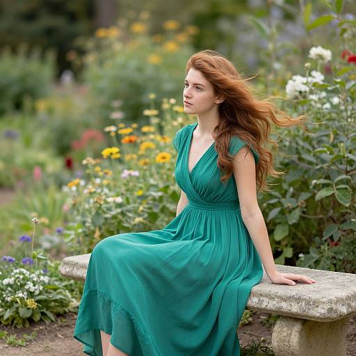Photograph of a fair-skinned, red-haired woman in a flowing, teal dress, sitting on a stone bench in a colorful, vibrant garden.