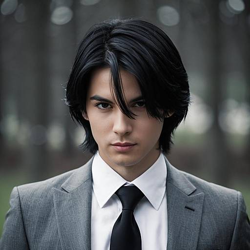 Young man in grey suit and black necktie