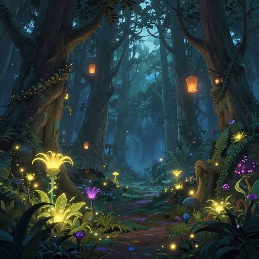 Enchanted forest at night, illuminated by glowing mushrooms, fireflies, and lanterns, with towering trees and a mystical blue ambiance.