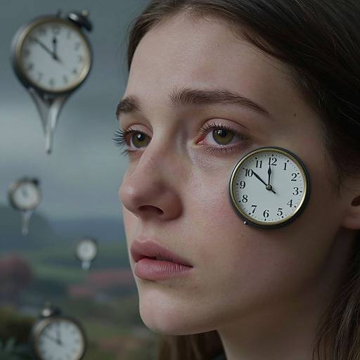 Photograph of a young woman with fair skin and brown hair, clocks embedded on her face, serious expression, cloudy background.