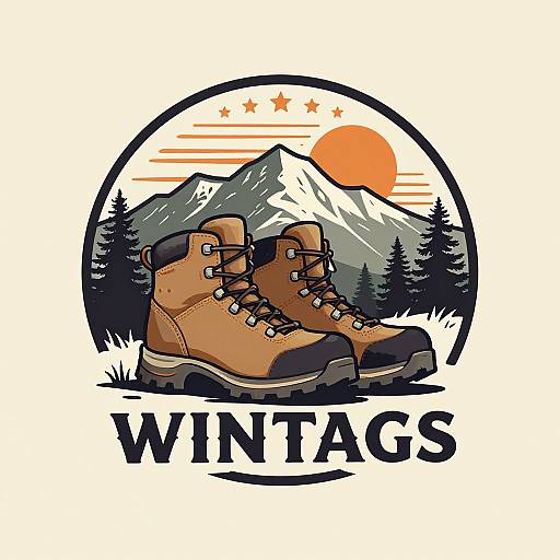 Illustration of tan hiking boots with black laces, set against a mountain and sunset backdrop, featuring three stars above. Text reads 
