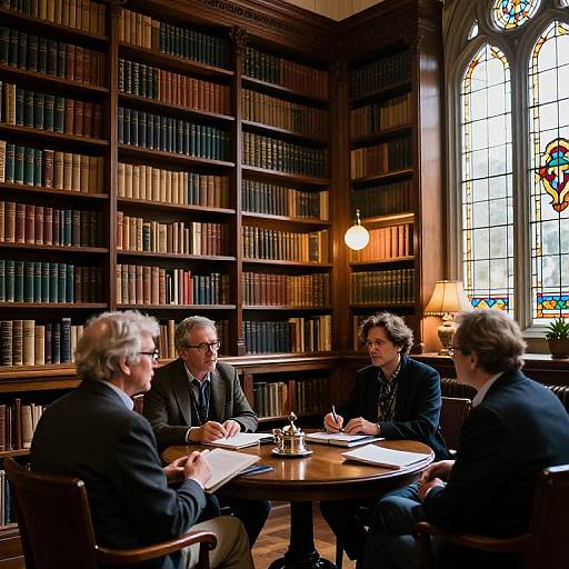 Photograph of four older adults in a wooden library, seated around a table, discussing books with shelves of colorful spines in the background and a lit