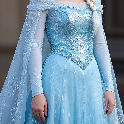 Photograph of a woman wearing a light blue, intricate lace and ice-blue bodice Frozen-inspired dress with a sheer, embroidered cape and white long sleeves
