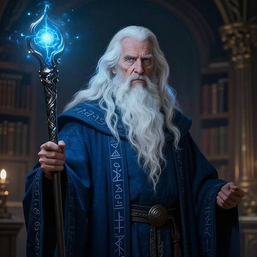 Photorealistic image of an elderly wizard with long white beard, wearing a dark blue, rune-embroidered robe, holding a glowing blue staff