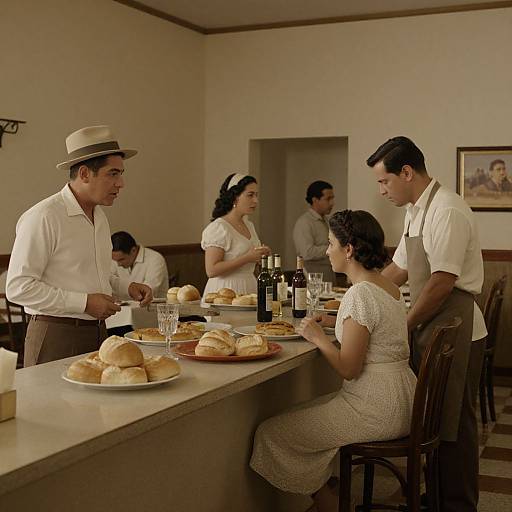 Photograph of mid-20th century diner: five people in white shirts and dresses, two men in hats, seated at counter with bread, bottles