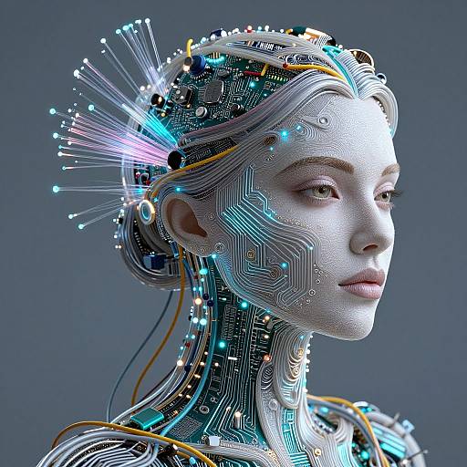 CGI digital art of a futuristic, cybernetic woman with glowing circuitry, neon lights, and intricate wire patterns on her face and head,