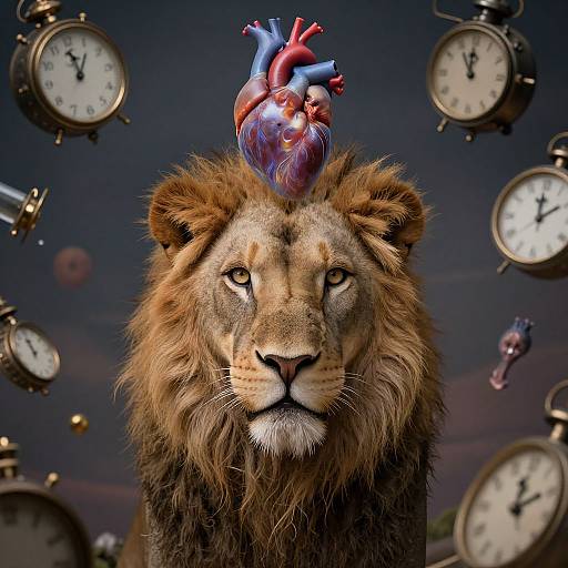 Photograph of a realistic lion with a detailed, colorful heart on its head, surrounded by floating vintage clocks against a dark sky.