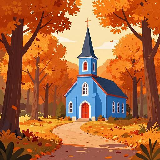 Autumn Blue Church Digital Illustration