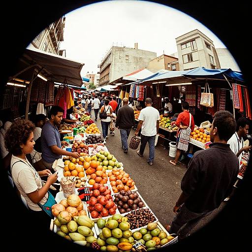 Vibrant street market photograph with fisheye lens effect, showing diverse shoppers browsing colorful fruit stalls under blue and white canopies.