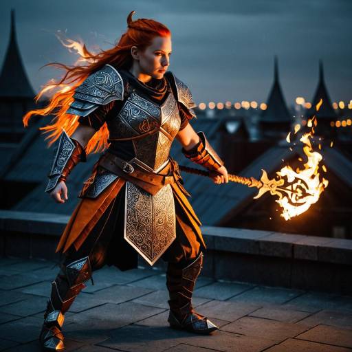 Female Dwarf Warrior with Fiery Hair and Flaming Weapon