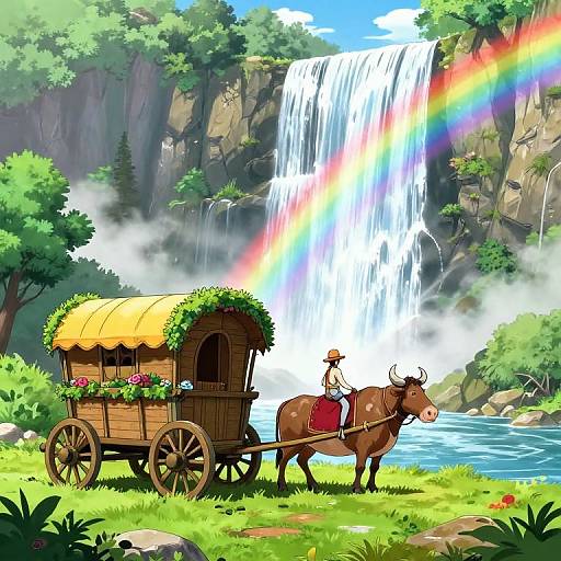 Digital illustration of a cowboy in a yellow wagon, pulled by a brown ox, in front of a waterfall with a rainbow. Vibrant, lush green