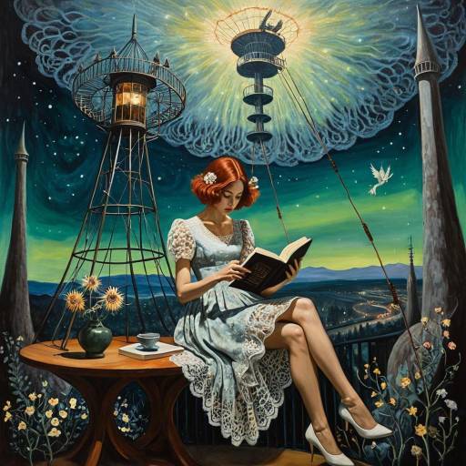 Surrealistic Woman Reading on Steel Wire with Aurora