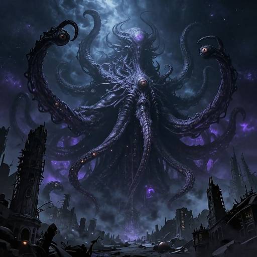 Digital fantasy artwork: A colossal, tentacled monster with glowing purple eyes looms over a ruined, dark cityscape under a starry, storm
