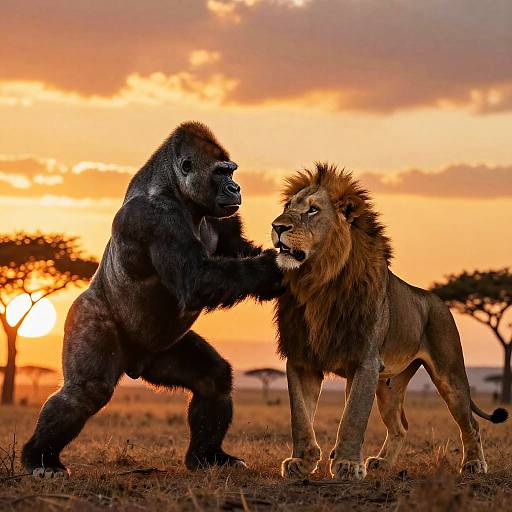 Photograph of a gorilla and lion standing in a dramatic, sunset-lit savanna, with the gorilla's arm raised, touching the lion