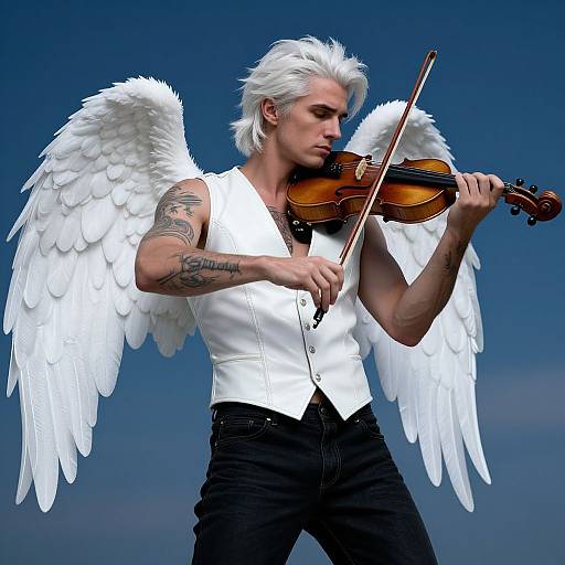 Angel with white wings and silver hair, playing violin, wearing white vest and black pants, against a dark blue sky. Photorealistic digital art.