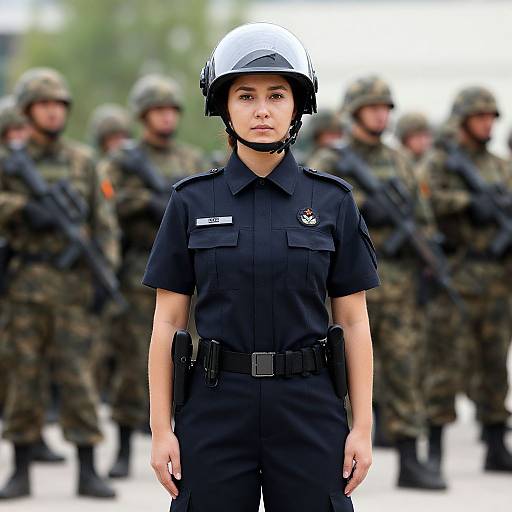 Photograph of an Asian female police officer in black uniform and white helmet, standing front and center, with blurred camouflaged soldiers in the background.