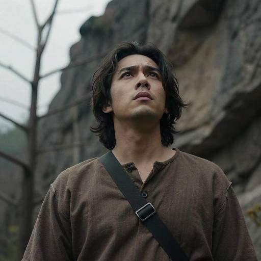 Intense Man Amidst Rocky Landscape