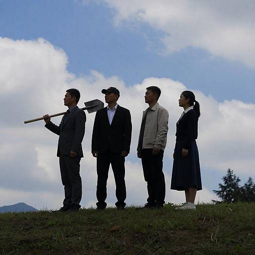 Silhouetted Group on Hilltop with Clouds