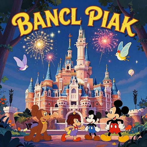 Colorful digital illustration of Disney characters in front of a brightly lit, fireworks-filled castle, with 