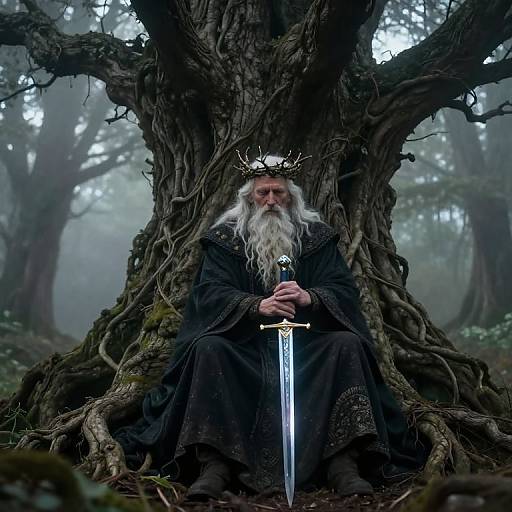 Photograph of an elderly white wizard with a long white beard, black robe, crown, and sword, seated at a massive, twisted tree in a
