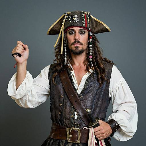 Photograph of a rugged, bearded man in a pirate costume, wearing a black tricorne hat with skull and bead accents, white shirt,