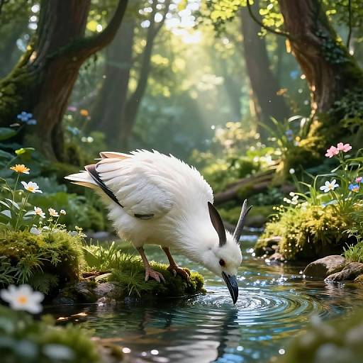 Photograph of a white bird with black wingtips drinking from a forest stream, surrounded by sunlight, flowers, and lush greenery.