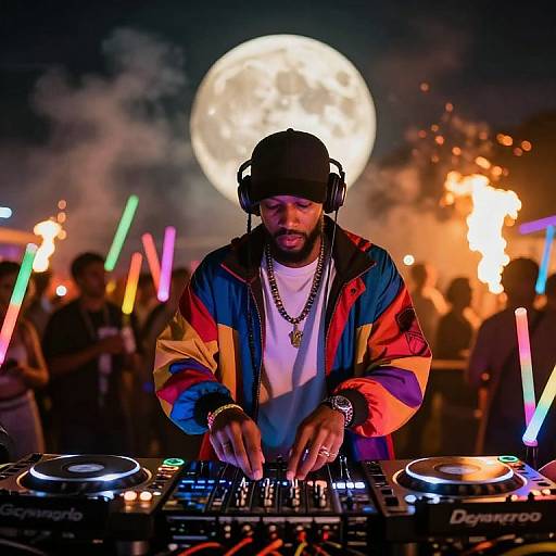Photograph of a DJ in a colorful jacket and black beanie, mixing tracks at a neon-lit rave with a full moon and fireworks in the