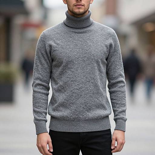 Photograph of a bearded man in a gray turtleneck sweater and black pants, standing on a blurred urban street.