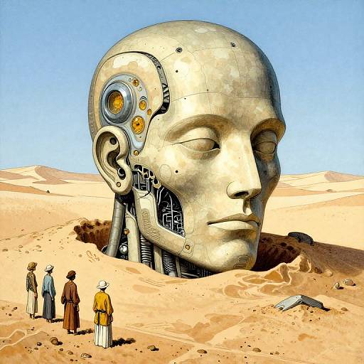 Digital artwork of a large, metallic, cybernetic head with exposed circuits and orange lights, partially buried in a desert, with four small, styl
