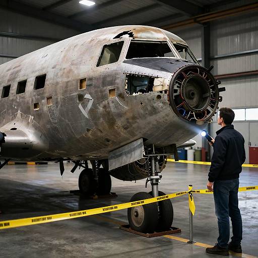 Damaged Airplane in Hangar with Observer