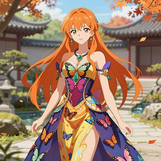Confident Anime Woman in Butterfly Gown