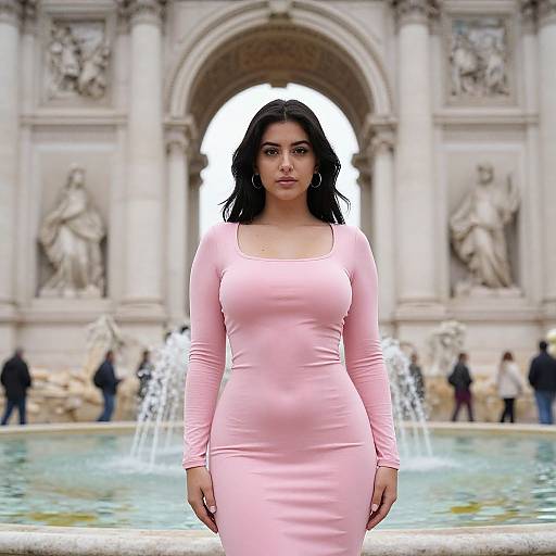 Photograph of a curvy woman with black hair in a tight, long-sleeve, pink dress standing in front of a grand, marble fountain