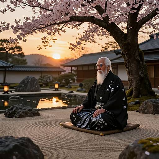 Photograph of an elderly Japanese man with a white beard, wearing a black kimono, seated on a mat under a cherry blossom tree at sunset,