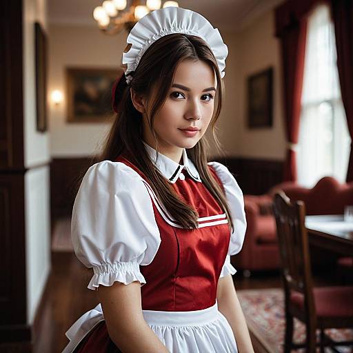 Young Woman in Red Maid Outfit Indoors