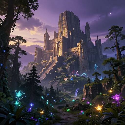 Futuristic fantasy castle illuminated by glowing orbs, surrounded by dark, mystical forest with vibrant bioluminescent plants, under a purple twilight sky.