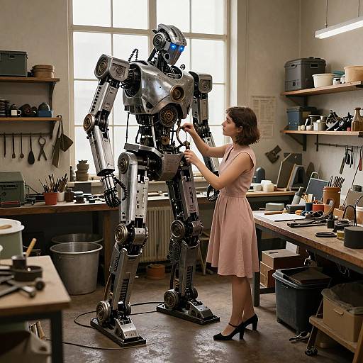 Woman Assembling Intricate Robot