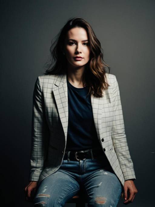 Woman in White Grid Blazer and Distressed Jeans