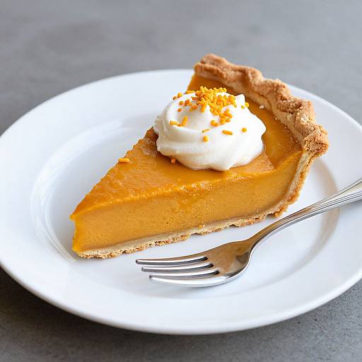 Photograph of a slice of orange pumpkin pie with a dollop of whipped cream and sprinkled cinnamon, on a white plate with a fork.