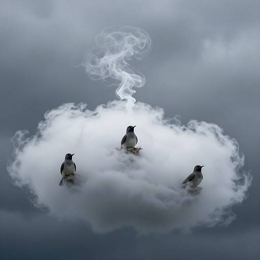Photograph of three blackbirds perched on a glowing, cloud-like formation with a swirling smoke vortex above, set against a dark, stormy sky