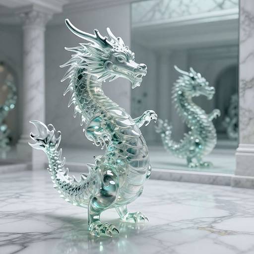 Digital CGI of a shimmering, transparent dragon sculpture with intricate scales and reflective spheres, set in a marble-floored, mirrored hall.