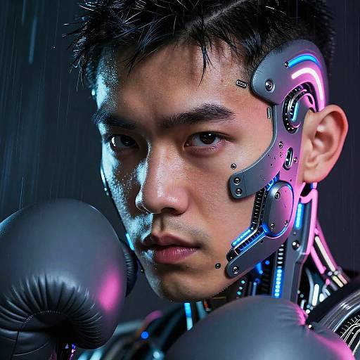 CGI image of an Asian man with cybernetic headgear, neon lights, and boxing gloves, in a dark, rainy setting.