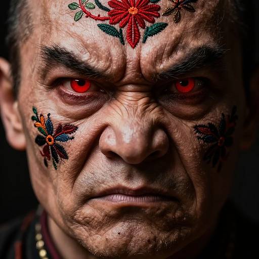 Close-up photograph of an intense, wrinkled, middle-aged man with red eyes and red floral face paint, against a dark background.