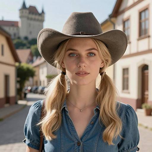 Photorealistic Blonde in European Castle Town