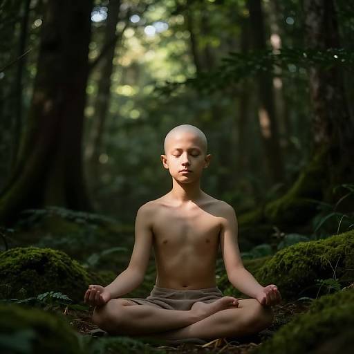 Photograph of a bald, shirtless, androgynous child with fair skin, meditating cross-legged in a mossy, sunlit forest