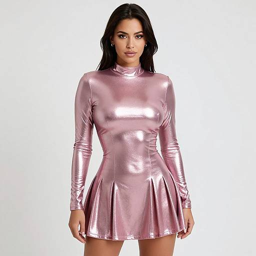 Photograph of a woman with long black hair wearing a shiny, pink, long-sleeve, pleated mini dress against a white background.