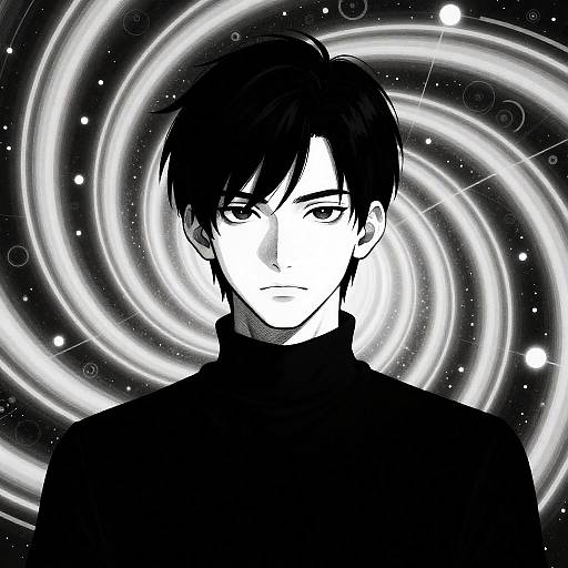 Black and White Digital Portrait with Hypnotic Spiral Background